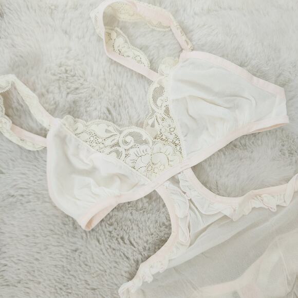 NEW We Are Hah Key To Your Heart Cream Pink Mesh Teddy Bodysuit - Picture 5 of 10